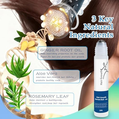 Rosemary Hair Growth Serum Roll On - 3% Rosemary, 3% Batana Oil, 2% Ginger Oil, 3% Aloe Vera Extract for Stronger Roots, Thicker Hair, Hair Loss Treatment, 0.85 Fl Oz