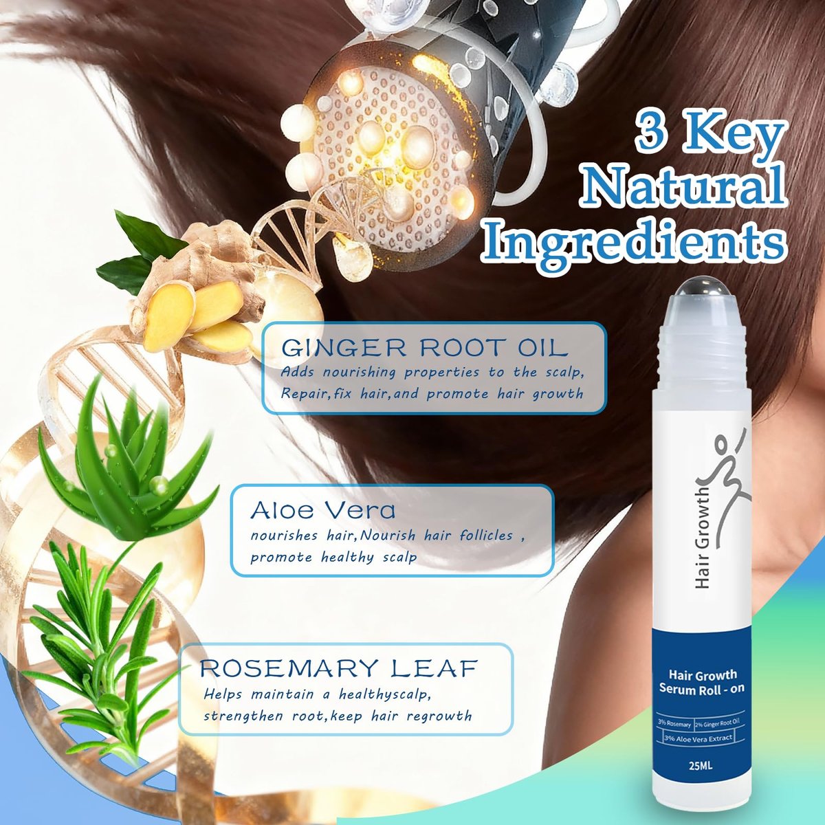 Rosemary Hair Growth Serum Roll On - 3% Rosemary, 3% Batana Oil, 2% Ginger Oil, 3% Aloe Vera Extract for Stronger Roots, Thicker Hair, Hair Loss Treatment, 0.85 Fl Oz - görsel 5