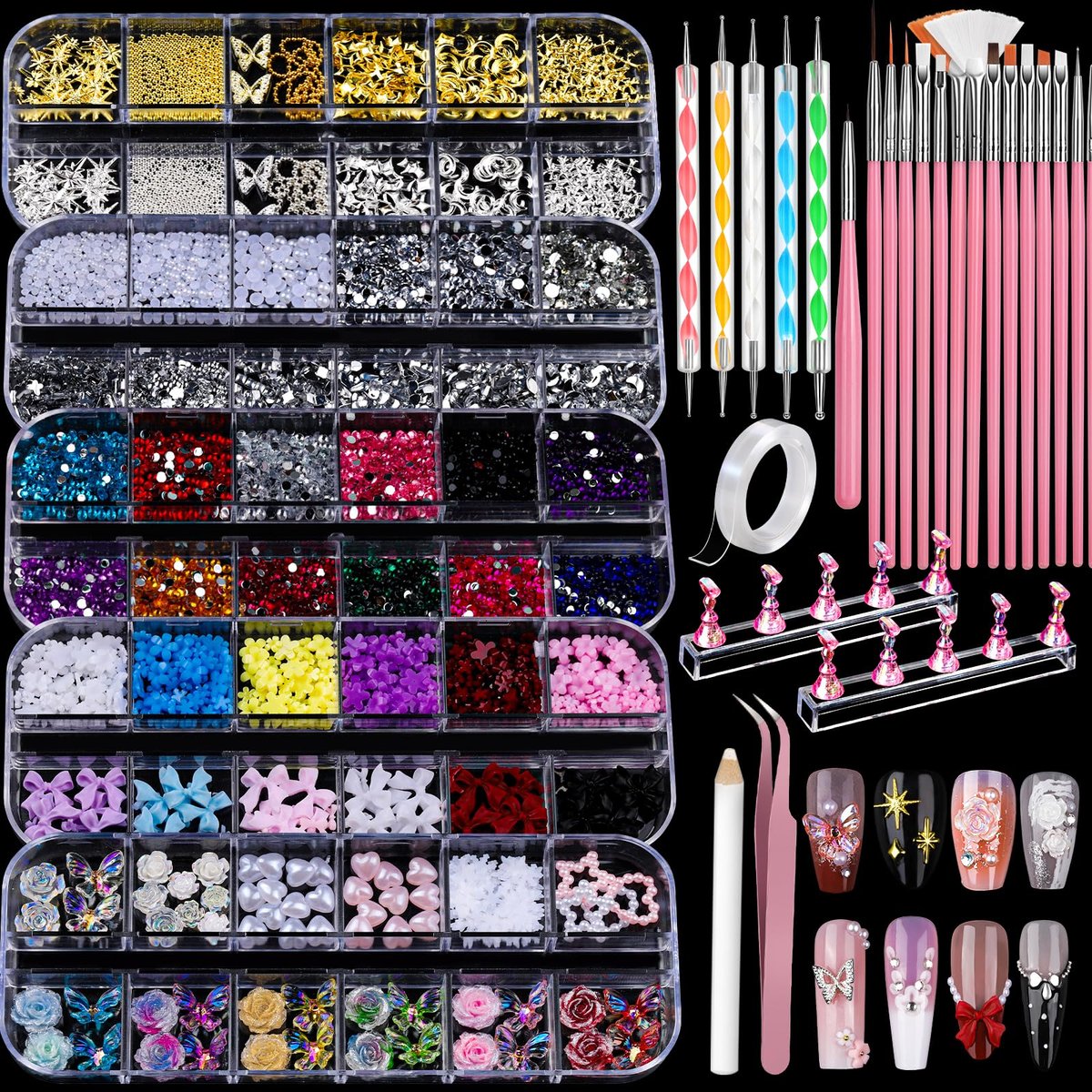 Teenitor Nail Charms and Nail Art Tools Set – 5 Boxes of 3D Nail Charms, Gems Rhinestones, 15 Nail Art Brushes, 5 Dotting Tools, 2 Nail Stands – Complete Nail Art Kit for Beginners & Professionals - görsel 1