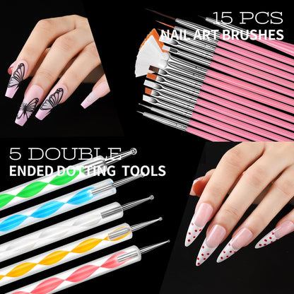 Teenitor Nail Charms and Nail Art Tools Set – 5 Boxes of 3D Nail Charms, Gems Rhinestones, 15 Nail Art Brushes, 5 Dotting Tools, 2 Nail Stands – Complete Nail Art Kit for Beginners & Professionals