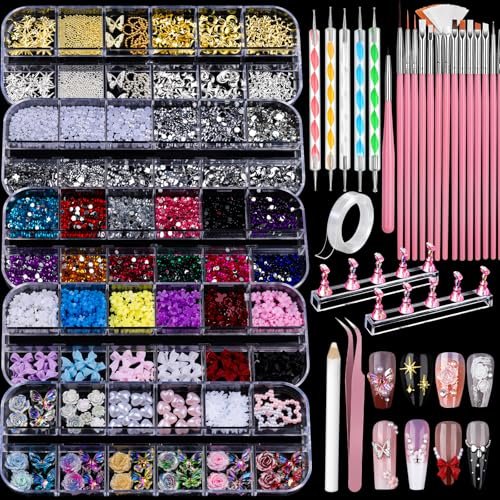Teenitor Nail Charms and Nail Art Tools Set – 5 Boxes of 3D Nail Charms, Gems Rhinestones, 15 Nail Art Brushes, 5 Dotting Tools, 2 Nail Stands – Complete Nail Art Kit for Beginners & Professionals - görsel 2