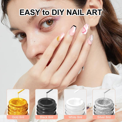 VIVAALI Gel Liner Nail Polish Set - 4 Colors Black, White, Gold Silver Glitter Liner Gel with Thin Brush for Swirl, Euphoria French Tips Manicure Painting (8ml Each)