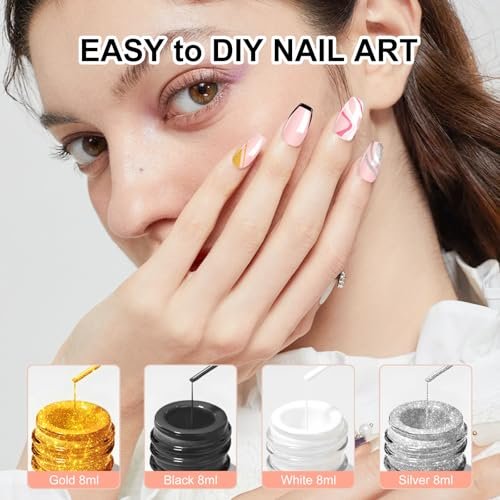 VIVAALI Gel Liner Nail Polish Set - 4 Colors Black, White, Gold Silver Glitter Liner Gel with Thin Brush for Swirl, Euphoria French Tips Manicure Painting (8ml Each) - görsel 6