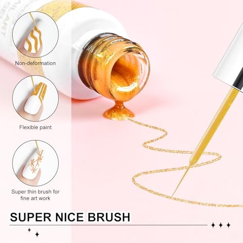 VIVAALI Gel Liner Nail Polish Set - 4 Colors Black, White, Gold Silver Glitter Liner Gel with Thin Brush for Swirl, Euphoria French Tips Manicure Painting (8ml Each) - görsel 8