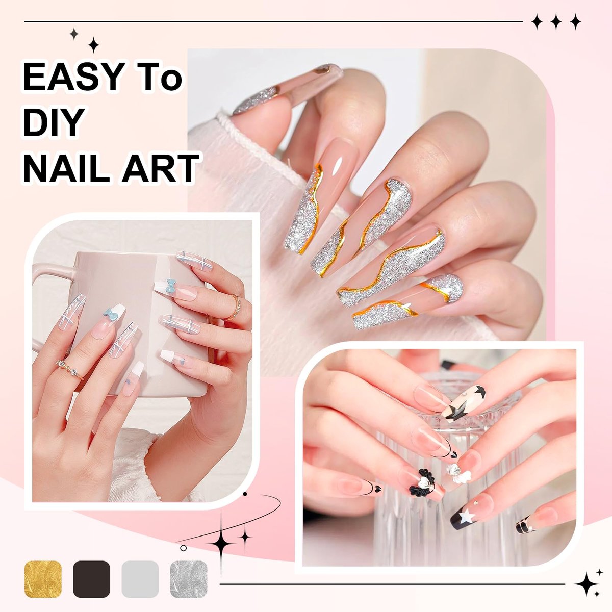 VIVAALI Gel Liner Nail Polish Set - 4 Colors Black, White, Gold Silver Glitter Liner Gel with Thin Brush for Swirl, Euphoria French Tips Manicure Painting (8ml Each) - görsel 11