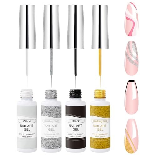VIVAALI Gel Liner Nail Polish Set - 4 Colors Black, White, Gold Silver Glitter Liner Gel with Thin Brush for Swirl, Euphoria French Tips Manicure Painting (8ml Each) - görsel 2