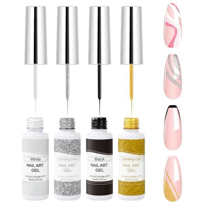 VIVAALI Gel Liner Nail Polish Set - 4 Colors Black, White, Gold Silver Glitter Liner Gel with Thin Brush for Swirl, Euphoria French Tips Manicure Painting (8ml Each)