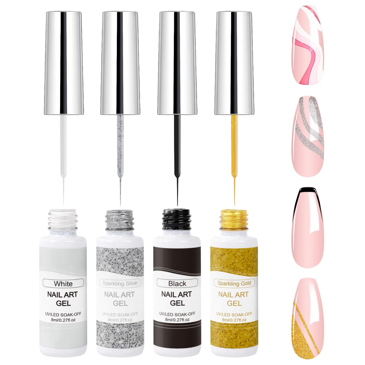VIVAALI Gel Liner Nail Polish Set - 4 Colors Black, White, Gold Silver Glitter Liner Gel with Thin Brush for Swirl, Euphoria French Tips Manicure Painting (8ml Each) - görsel 1