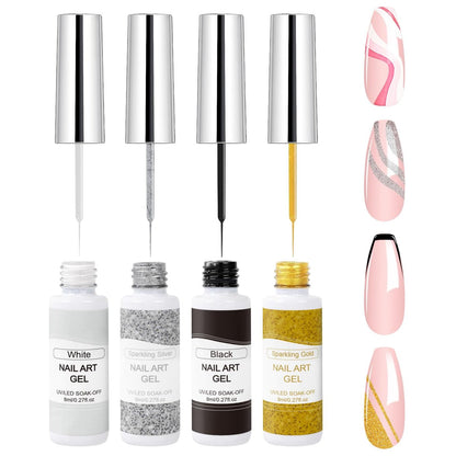 VIVAALI Gel Liner Nail Polish Set - 4 Colors Black, White, Gold Silver Glitter Liner Gel with Thin Brush for Swirl, Euphoria French Tips Manicure Painting (8ml Each)