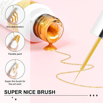 VIVAALI Gel Liner Nail Polish Set - 4 Colors Black, White, Gold Silver Glitter Liner Gel with Thin Brush for Swirl, Euphoria French Tips Manicure Painting (8ml Each)
