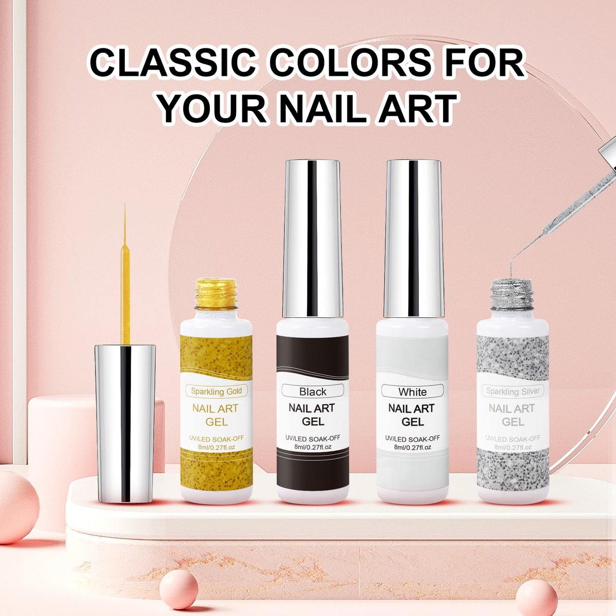 VIVAALI Gel Liner Nail Polish Set - 4 Colors Black, White, Gold Silver Glitter Liner Gel with Thin Brush for Swirl, Euphoria French Tips Manicure Painting (8ml Each) - görsel 3