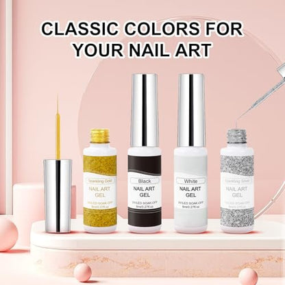 VIVAALI Gel Liner Nail Polish Set - 4 Colors Black, White, Gold Silver Glitter Liner Gel with Thin Brush for Swirl, Euphoria French Tips Manicure Painting (8ml Each)