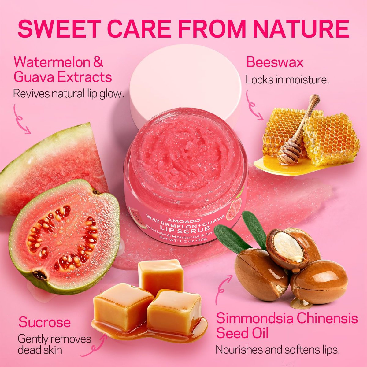 AMOADO Sugar Lip Scrub for Dark Lips – Exfoliating Lip Scrub for Smooth & Soft Lips with Watermelon & Guava, Lip Exfoliator & Moisturizer for Dry, Chapped Lips, Natural Lip Care, 1.2 oz/35g - görsel 3