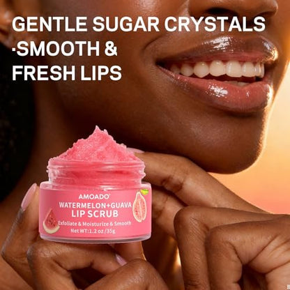 AMOADO Sugar Lip Scrub for Dark Lips – Exfoliating Lip Scrub for Smooth & Soft Lips with Watermelon & Guava, Lip Exfoliator & Moisturizer for Dry, Chapped Lips, Natural Lip Care, 1.2 oz/35g