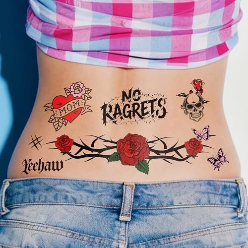 Y2K Temporary Fake Tattoos for Adults – Tramp Stamp, White Trash Bachelorette Party Decorations – 4 Sheets - görsel 2