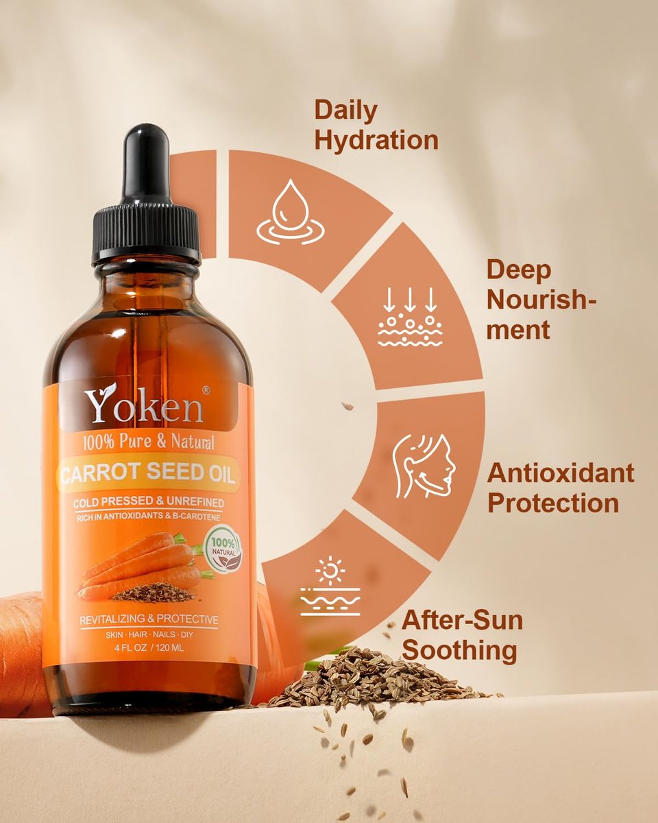 Yoken Cold Pressed Carrot Seed Oil – 100% Pure & Natural Carrier Oil for Skin & Hair, Lightweight Facial & Scalp Oil, 4 fl oz Avelisse
