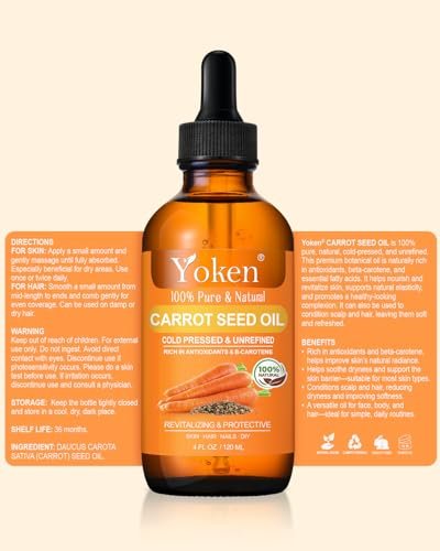 Yoken Cold Pressed Carrot Seed Oil – 100% Pure & Natural Carrier Oil for Skin & Hair, Lightweight Facial & Scalp Oil, 4 fl oz Avelisse