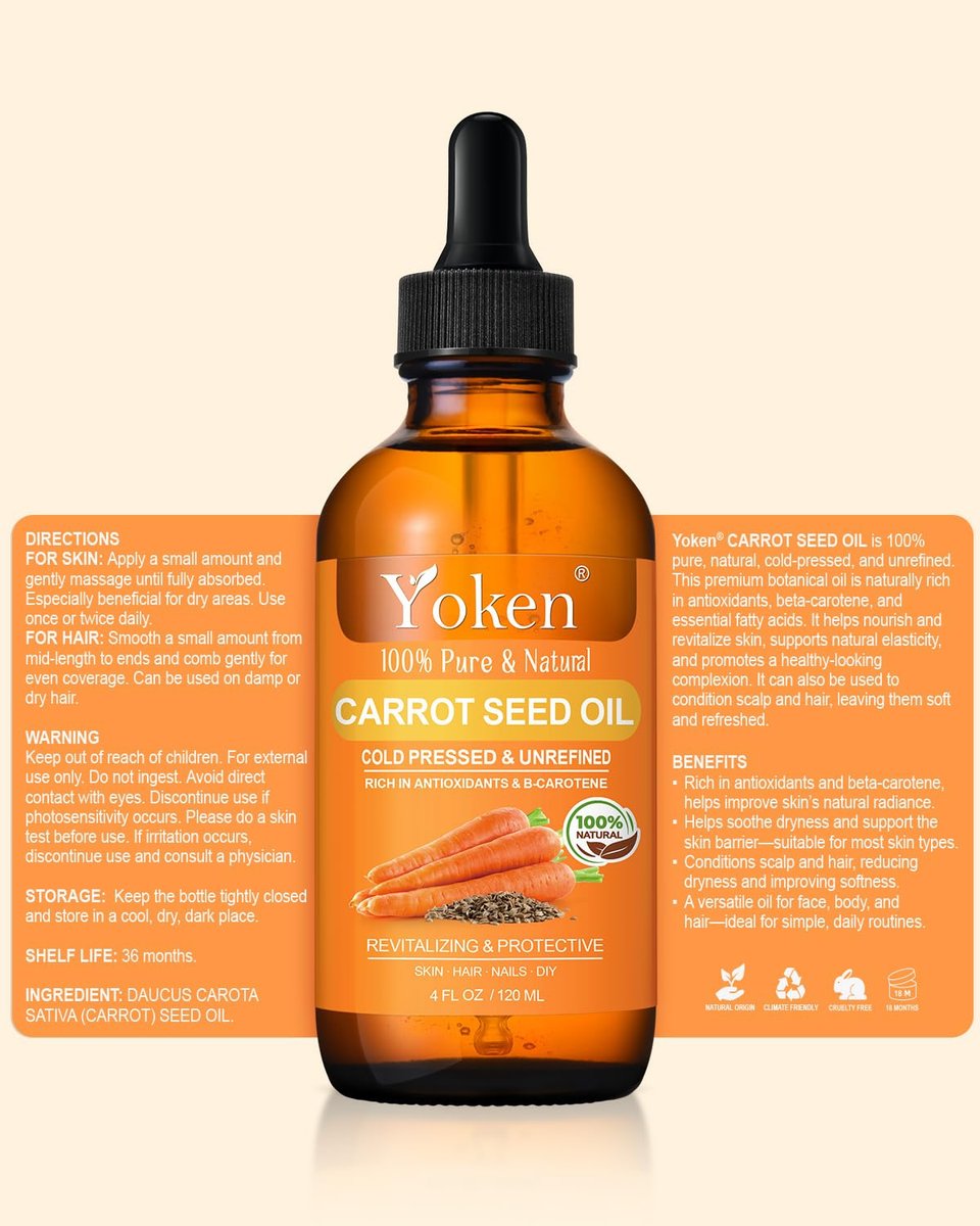 Yoken Cold Pressed Carrot Seed Oil – 100% Pure & Natural Carrier Oil for Skin & Hair, Lightweight Facial & Scalp Oil, 4 fl oz Avelisse
