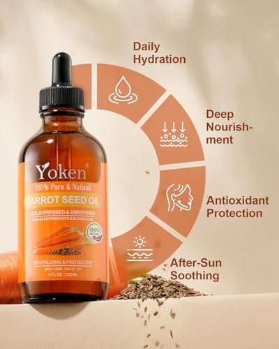 Yoken Cold Pressed Carrot Seed Oil – 100% Pure & Natural Carrier Oil for Skin & Hair, Lightweight Facial & Scalp Oil, 4 fl oz Avelisse