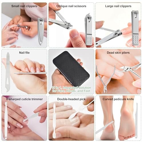 19 in 1 Manicure Set & Nail Clippers Kit, Professional Stainless Steel Grooming Kit for Women & Men, Complete Nail Care Tools with Travel Case, Ideal for Toenail, Pedicure, Home Use or Travel, Black - görsel 6