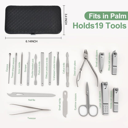 19 in 1 Manicure Set & Nail Clippers Kit, Professional Stainless Steel Grooming Kit for Women & Men, Complete Nail Care Tools with Travel Case, Ideal for Toenail, Pedicure, Home Use or Travel, Black