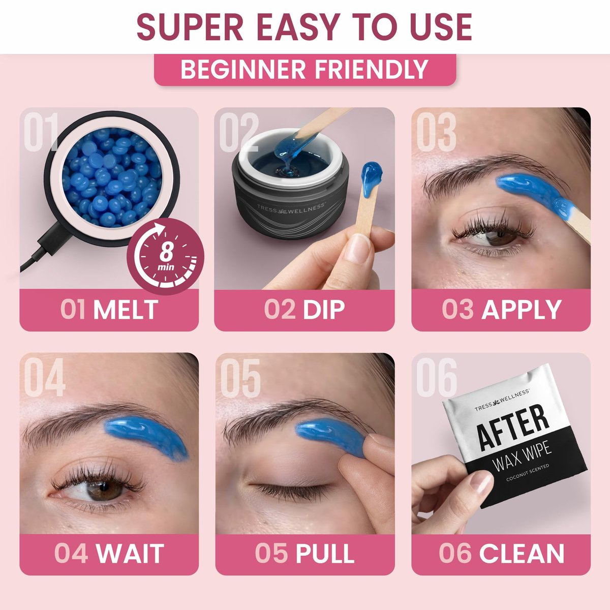 Tress Wellness Stripless Wax Kit for Face, Eyebrow & Lip – Quick & Easy Mini Wax Warmer for Women & Men, USB, Mess-Free, Compact & Travel-Ready Waxing Kit Avelisse