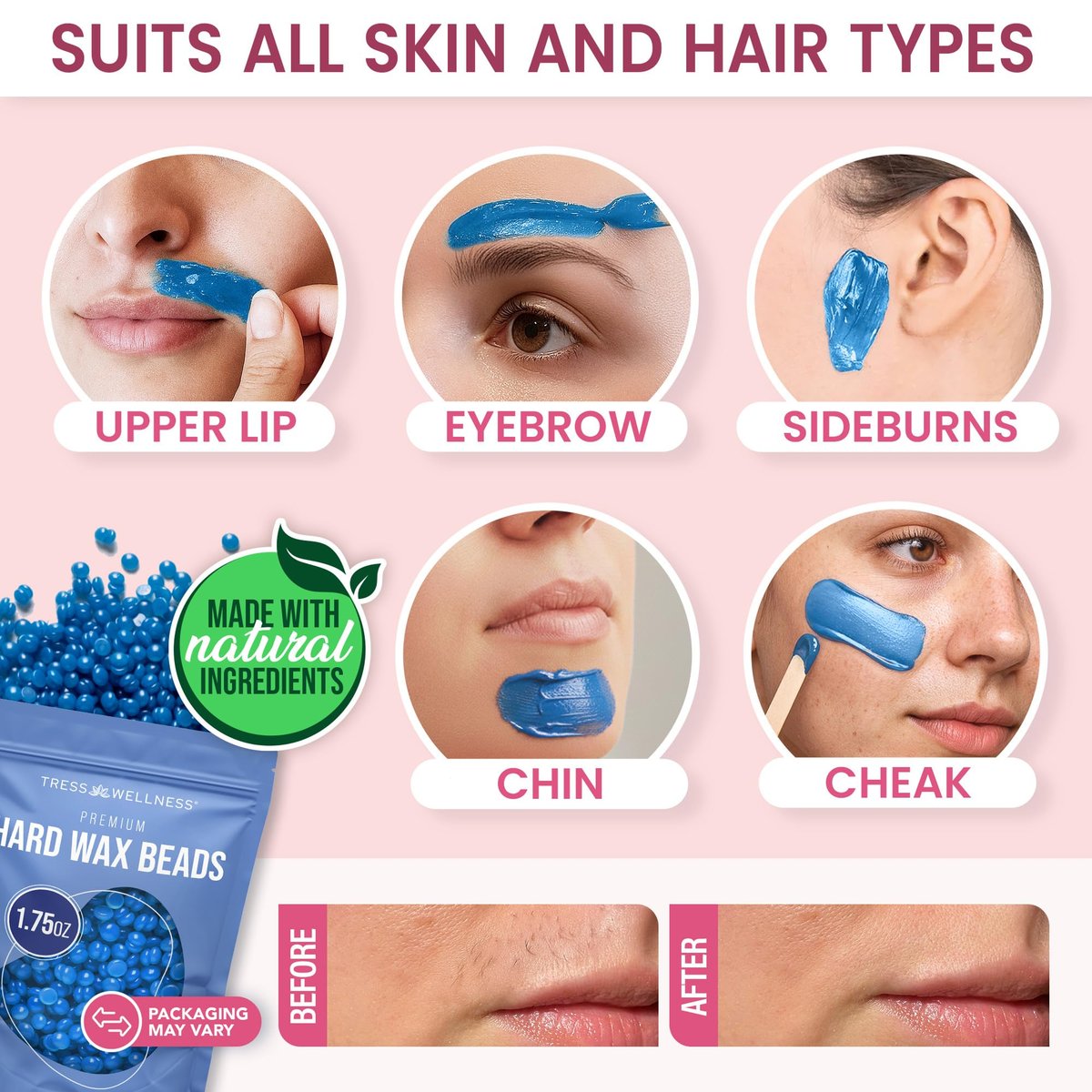 Tress Wellness Stripless Wax Kit for Face, Eyebrow & Lip – Quick & Easy Mini Wax Warmer for Women & Men, USB, Mess-Free, Compact & Travel-Ready Waxing Kit Avelisse