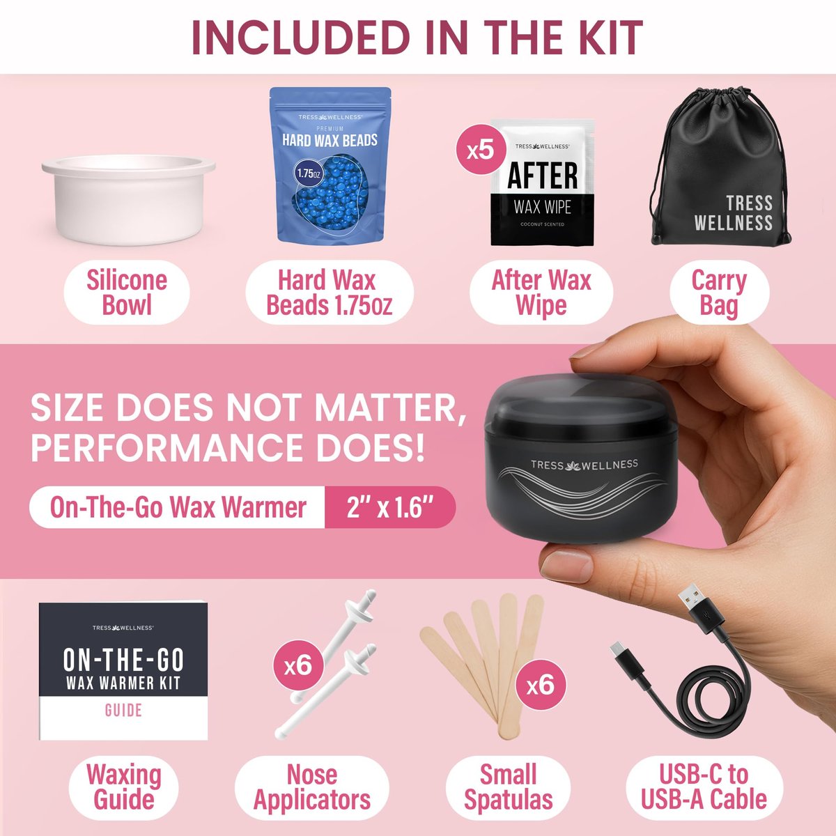 Tress Wellness Stripless Wax Kit for Face, Eyebrow & Lip – Quick & Easy Mini Wax Warmer for Women & Men, USB, Mess-Free, Compact & Travel-Ready Waxing Kit Avelisse