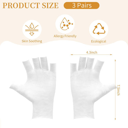 Clofiak 3 Pairs White Fingerless Gloves - 100% Cotton Eczema Gloves, Thin Moisturizing Cut Gloves for Overnight Hydration, Fits Most Dry Hands