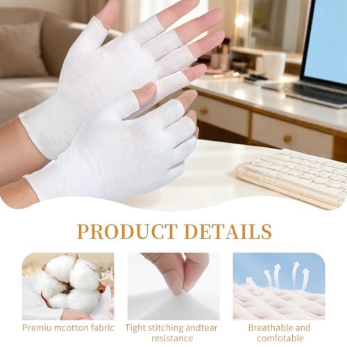 Clofiak 3 Pairs White Fingerless Gloves - 100% Cotton Eczema Gloves, Thin Moisturizing Cut Gloves for Overnight Hydration, Fits Most Dry Hands - görsel 6