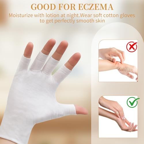 Clofiak 3 Pairs White Fingerless Gloves - 100% Cotton Eczema Gloves, Thin Moisturizing Cut Gloves for Overnight Hydration, Fits Most Dry Hands - görsel 10