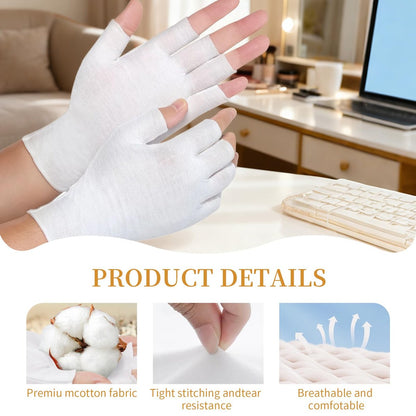Clofiak 3 Pairs White Fingerless Gloves - 100% Cotton Eczema Gloves, Thin Moisturizing Cut Gloves for Overnight Hydration, Fits Most Dry Hands