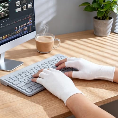 Clofiak 3 Pairs White Fingerless Gloves - 100% Cotton Eczema Gloves, Thin Moisturizing Cut Gloves for Overnight Hydration, Fits Most Dry Hands