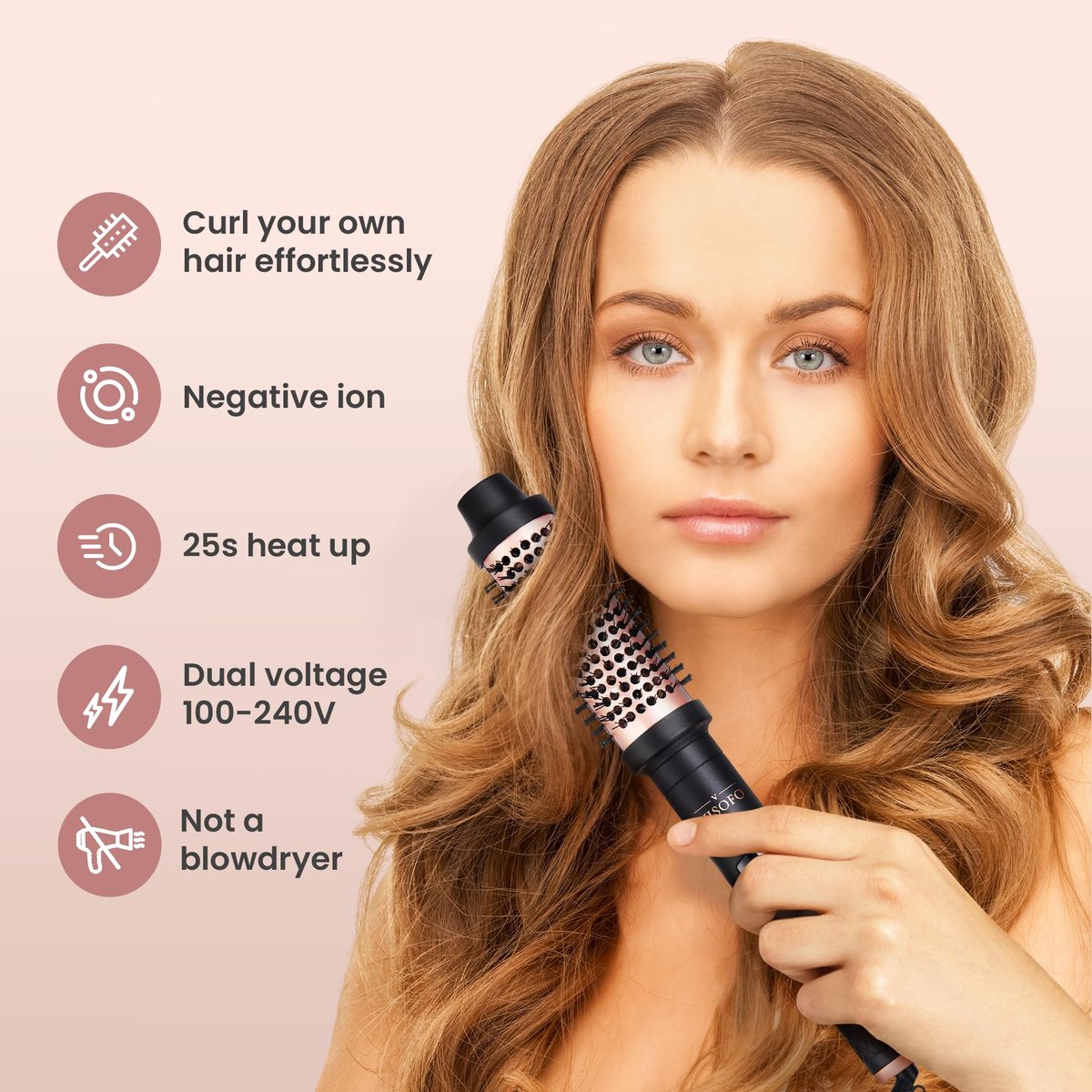 VISOFO 1.5 Inch Wavy Thermal Brush Blow Out - Hot Round Heated Curling Iron for Voluminous Curls, Ceramic Wand, 25s Fast Heating, Rose Gold Avelisse