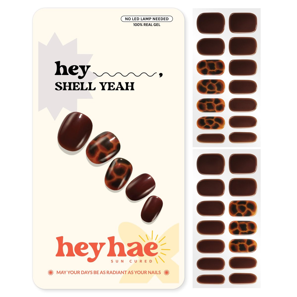 Heyhae Semi Cured Gel Nail Strips - No LED Lamp Needed - Fall Marble Brown - Easy Apply & Remove - Salon Quality - 28 Strips, Prep Pads, Nail File & Wooden Stick - Hey, Shell Yeah - görsel 1