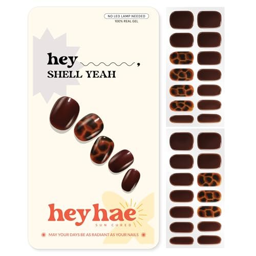 Heyhae Semi Cured Gel Nail Strips - No LED Lamp Needed - Fall Marble Brown - Easy Apply & Remove - Salon Quality - 28 Strips, Prep Pads, Nail File & Wooden Stick - Hey, Shell Yeah - görsel 2