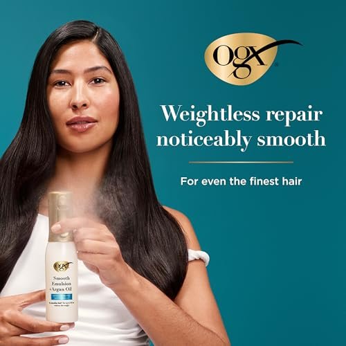 OGX Smooth Emulsion + Argan Oil Conditioning Hair Mist - Damage Repair Spray with Ceramides for 4x Smoother Hair, 48-Hour Frizz Control, 450°F Heat Protection, 6.5 fl. oz Avelisse