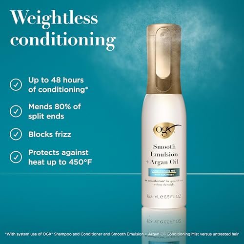 OGX Smooth Emulsion + Argan Oil Conditioning Hair Mist - Damage Repair Spray with Ceramides for 4x Smoother Hair, 48-Hour Frizz Control, 450°F Heat Protection, 6.5 fl. oz Avelisse