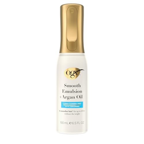 OGX Smooth Emulsion + Argan Oil Conditioning Hair Mist - Damage Repair Spray with Ceramides for 4x Smoother Hair, 48-Hour Frizz Control, 450°F Heat Protection, 6.5 fl. oz Avelisse
