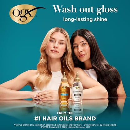 OGX Mirror Shine + Coconut Oil Pre-Wash Hair Gloss, Nourishing Rinse Out Hair Treatment for 48 Hours of Glossy Shine & Damage Repair, Lightweight Oil Mends Split Ends, 4 fl. oz
