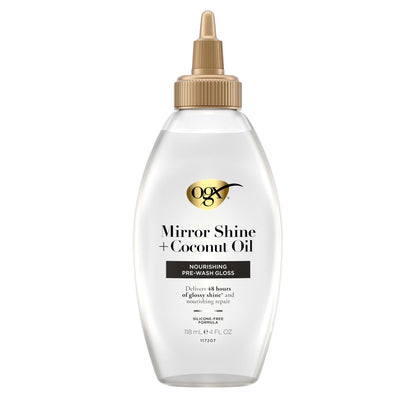 OGX Mirror Shine + Coconut Oil Pre-Wash Hair Gloss, Nourishing Rinse Out Hair Treatment for 48 Hours of Glossy Shine & Damage Repair, Lightweight Oil Mends Split Ends, 4 fl. oz