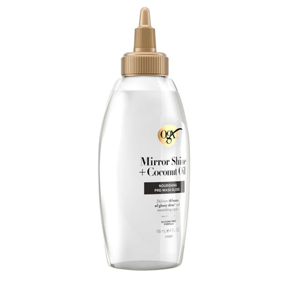 OGX Mirror Shine + Coconut Oil Pre-Wash Hair Gloss, Nourishing Rinse Out Hair Treatment for 48 Hours of Glossy Shine & Damage Repair, Lightweight Oil Mends Split Ends, 4 fl. oz