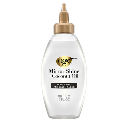OGX Mirror Shine + Coconut Oil Pre-Wash Hair Gloss, Nourishing Rinse Out Hair Treatment for 48 Hours of Glossy Shine & Damage Repair, Lightweight Oil Mends Split Ends, 4 fl. oz
