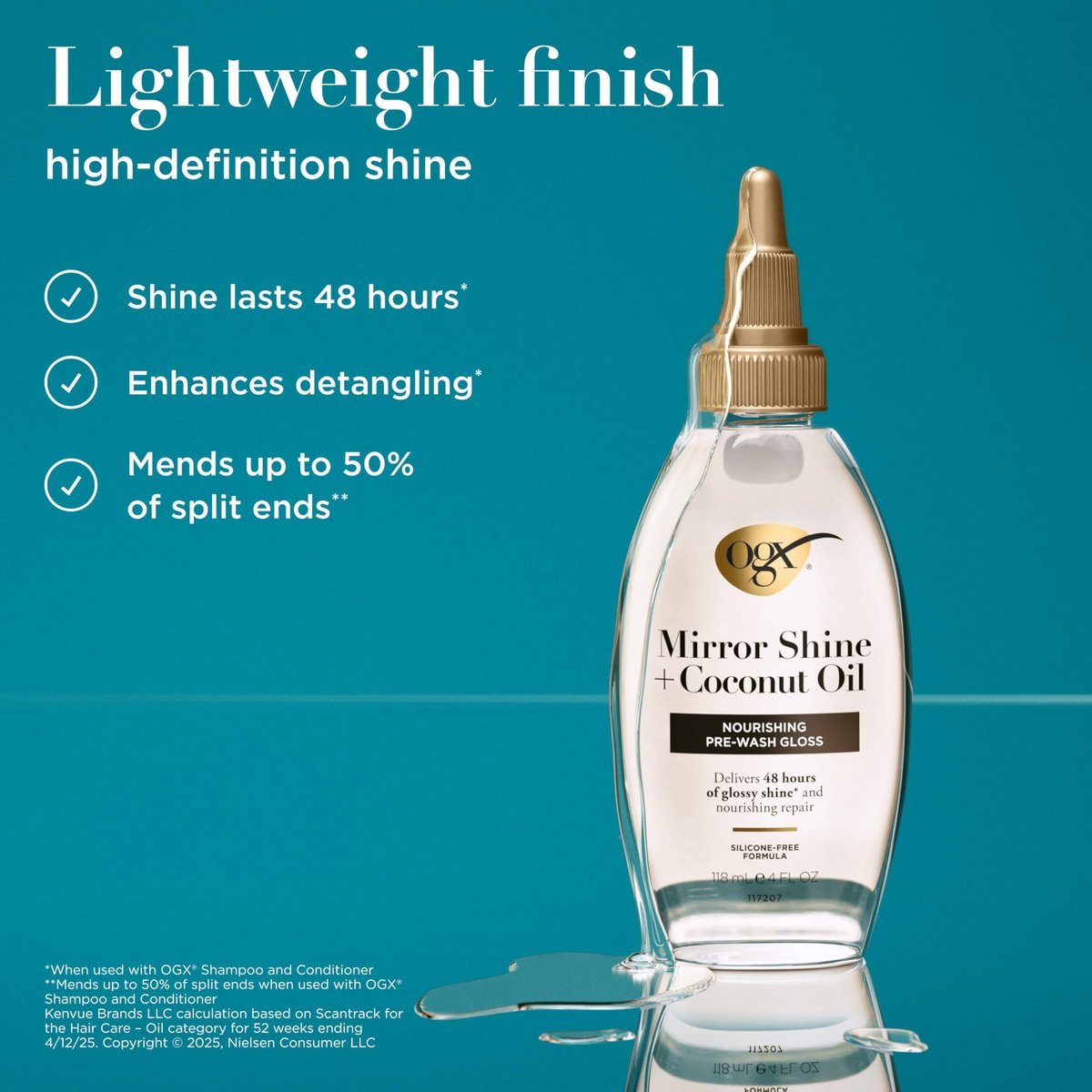 OGX Mirror Shine + Coconut Oil Pre-Wash Hair Gloss, Nourishing Rinse Out Hair Treatment for 48 Hours of Glossy Shine & Damage Repair, Lightweight Oil Mends Split Ends, 4 fl. oz - görsel 5