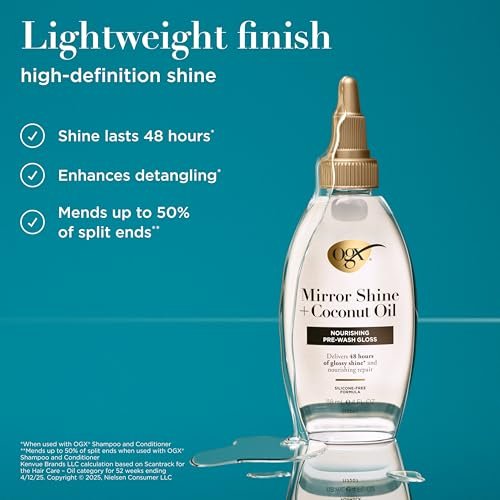 OGX Mirror Shine + Coconut Oil Pre-Wash Hair Gloss, Nourishing Rinse Out Hair Treatment for 48 Hours of Glossy Shine & Damage Repair, Lightweight Oil Mends Split Ends, 4 fl. oz - görsel 6