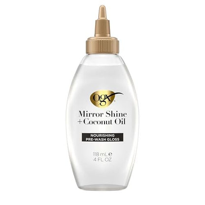 OGX Mirror Shine + Coconut Oil Pre-Wash Hair Gloss, Nourishing Rinse Out Hair Treatment for 48 Hours of Glossy Shine & Damage Repair, Lightweight Oil Mends Split Ends, 4 fl. oz