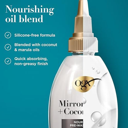 OGX Mirror Shine + Coconut Oil Pre-Wash Hair Gloss, Nourishing Rinse Out Hair Treatment for 48 Hours of Glossy Shine & Damage Repair, Lightweight Oil Mends Split Ends, 4 fl. oz