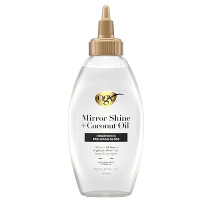 OGX Mirror Shine + Coconut Oil Pre-Wash Hair Gloss, Nourishing Rinse Out Hair Treatment for 48 Hours of Glossy Shine & Damage Repair, Lightweight Oil Mends Split Ends, 4 fl. oz