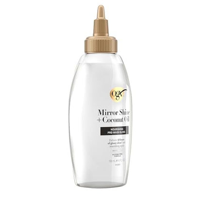 OGX Mirror Shine + Coconut Oil Pre-Wash Hair Gloss, Nourishing Rinse Out Hair Treatment for 48 Hours of Glossy Shine & Damage Repair, Lightweight Oil Mends Split Ends, 4 fl. oz