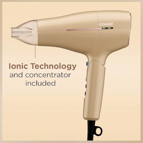 Conair 1875W Worldwide Travel Hair Dryer – Dual Voltage, Folding Handle, Ionic Technology – Champagne Compact Travel Blow Dryer for International Use Avelisse